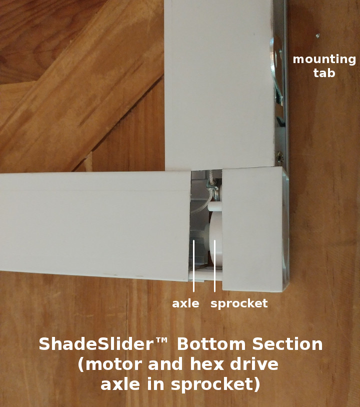 ShadeSlider for skylights - motorized drive axle mated with sprocket