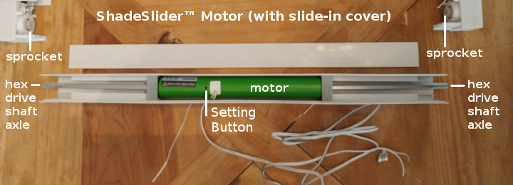 ShadeSlider for skylights and bottom-up windows - motor, drive axles, sprockets
