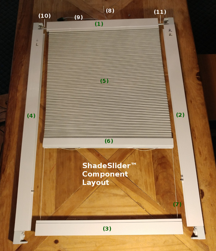 ShadeSlider for skylights and bottom-up windows - component parts